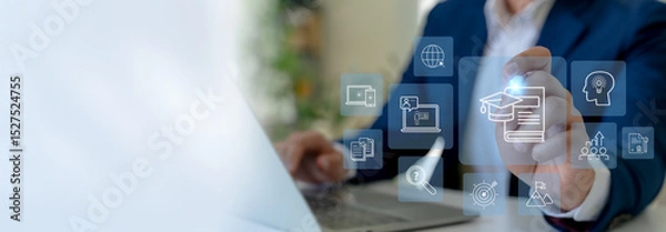 Obraz Online Education and E-Learning Concept. Interacts with virtual education icons on a digital interface, remote and online learning, digital training, webinars on the internet for personal development.