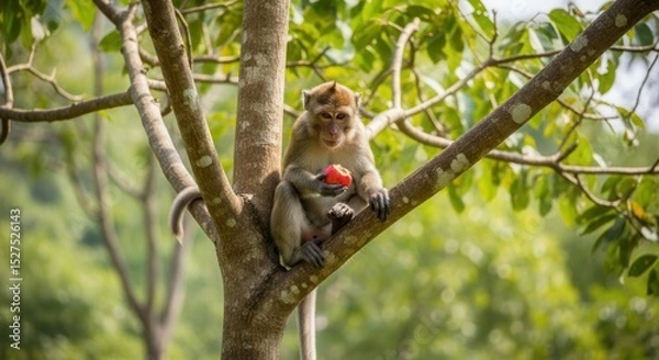 Obraz Monkey enjoying red fruit on tree branch