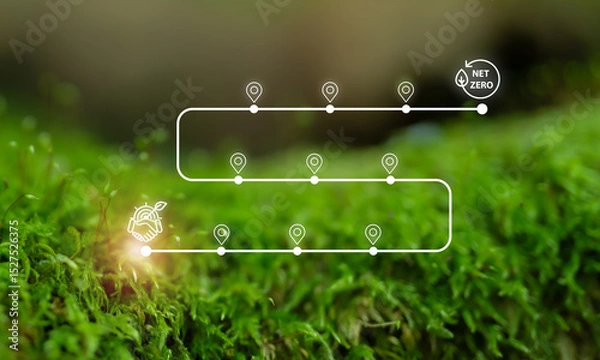 Obraz Journey and green roadmap to Net Zero concept. Sustainability roadmap illustration showing progress points toward achieving net zero, symbolizing environmental commitment and ecological responsibility