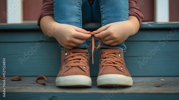 Obraz young child tying shoelaces for the first time, sitting on a porch step, focus on hands and shoes 
