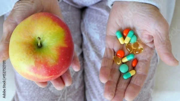 Fototapeta Elderly woman holds an apple in one hand and a handful of pills in the other, symbolizing the choice between natural health and pharmaceutical solutions