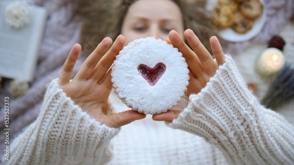 Fototapeta Cozy picnic scene with woman wearing a white knitted sweater, holding a heart shaped biscuit covered in powdered sugar, with blurred background featuring book, cookies, candle and lavender