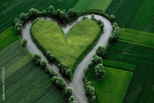 Obraz Heart-shaped island surrounded by river in lush green farmland