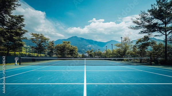 Fototapeta Outdoor Mountain View of Blue Tennis Court. A tranquil outdoor tennis court surrounded by tall trees with a breathtaking view of distant mountains under a partly cloudy sky. 