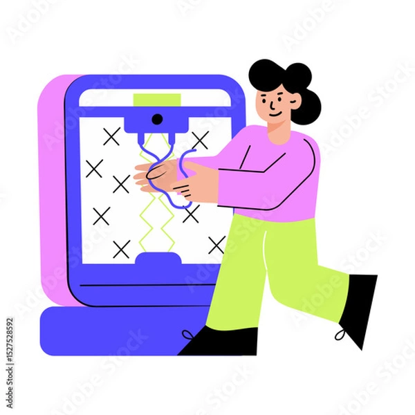 Fototapeta Flat style illustration showing a character using 3d printer machine