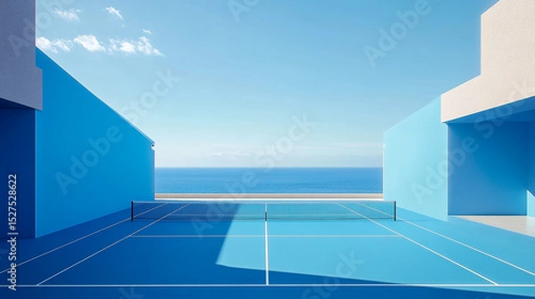 Fototapeta Minimalist Blue Tennis Court with Ocean View. A stunningly modern, minimalist tennis court designed in shades of blue, positioned between geometric buildings and facing a serene ocean horizon.