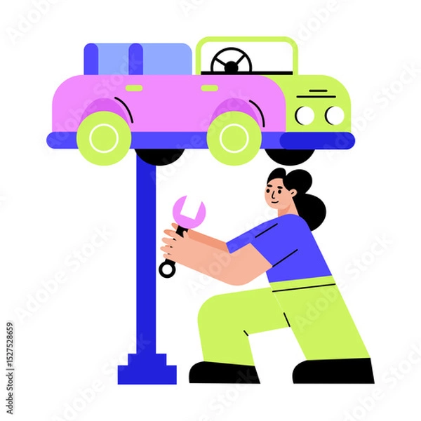 Obraz A flat style illustration showing a mechanic repairing a car
