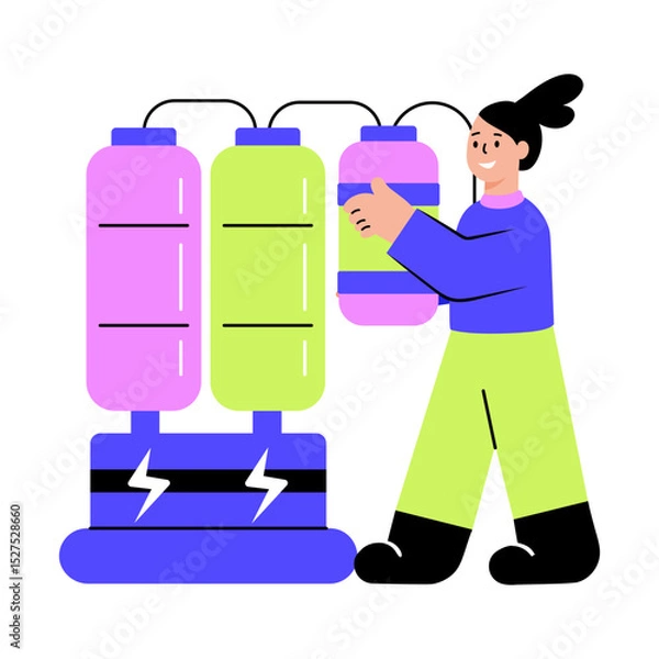 Obraz Flat style illustration showing a character refuelling a power machine