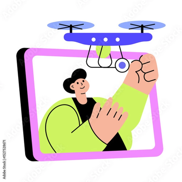 Obraz Flat style illustration showing a character flying a drone camera