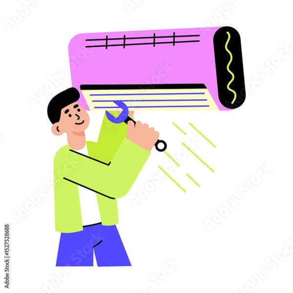 Obraz Flat style illustration showing a character fixing an air conditioner