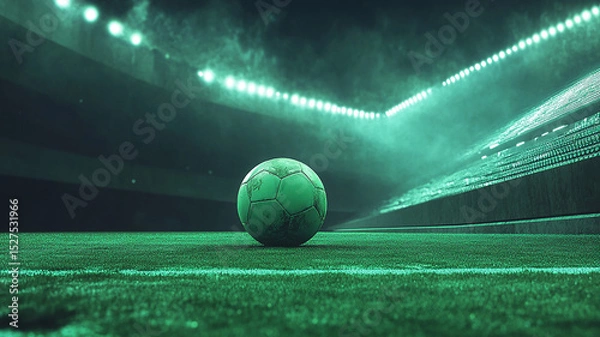 Fototapeta Soccer Ball on Floodlit Field at Night. A close-up shot of a soccer ball resting on a vividly green turf under powerful stadium lights. The background features illuminated grandstands
