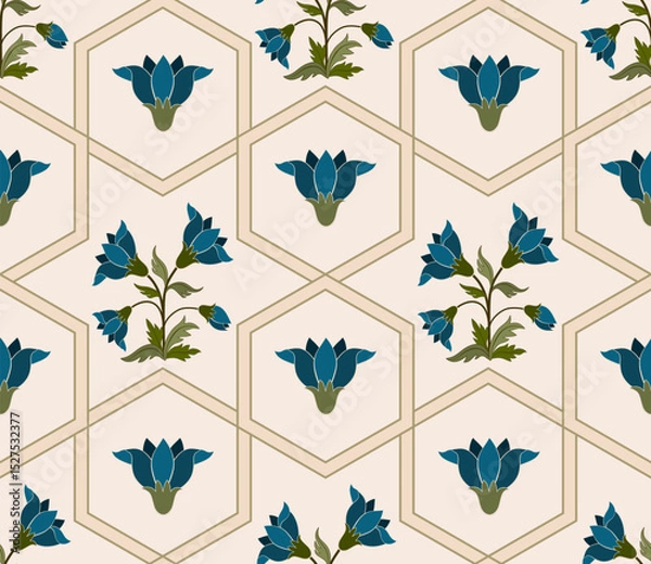 Fototapeta Hand drawn colourful geometric flowers, seamless patterns with floral for fabric, textiles, clothing, wrapping paper, backdrop, banner, illustration, abstract backgrounds.

