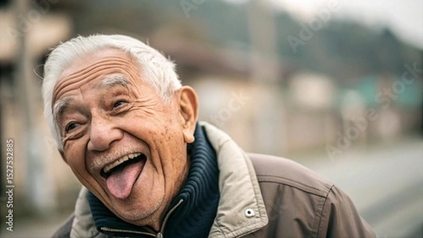 Fototapeta Happy elderly man with flat cap making a funny face, sticking out tongue outdoors. Senior humor, joyful expression, active lifestyle, old age happiness concept.