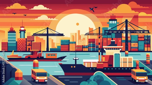 Obraz Colorful Port and Cargo Ship Illustration at Sunset
