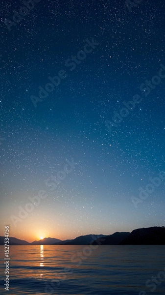 Obraz a a movement of stars in the night sky with the view of mountains..
