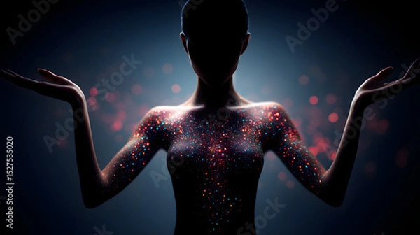 Fototapeta Human figure made of glowing particles, sci-fi digital art style
