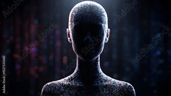 Fototapeta Human figure made of glowing particles, sci-fi digital art style
