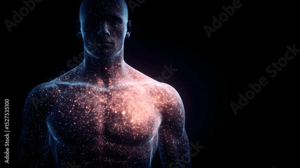 Fototapeta Human figure made of glowing particles, sci-fi digital art style
