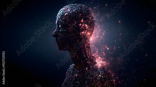 Fototapeta Human figure made of glowing particles, sci-fi digital art style
