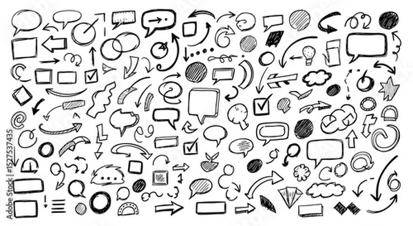 Fototapeta Hand Drawn Arrows, Shapes & Notes Doodle Set - Vector Sketch Elements