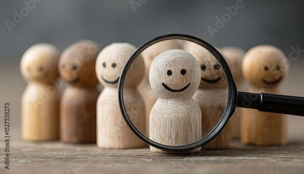 Obraz Leadership and Career Growth in HR A magnifying glass focuses a smiling wooden figure among others