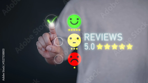 Fototapeta Experience interface business concept with reflect positive customer, testimonial, feedback and satisfaction survey interaction. Customer gives five star rating on a digital review system.