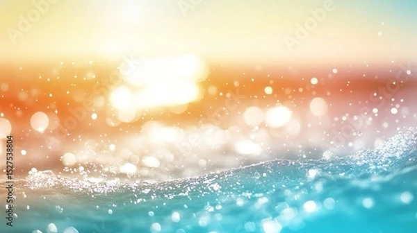Fototapeta Scena astratta accentuata da colori brillanti. In primo piano, ci sono riflessi di luce sull'acqua. I colori variano dall'azzurro in basso e sfumano verso calde tonalità arancioni e gialle in alto.