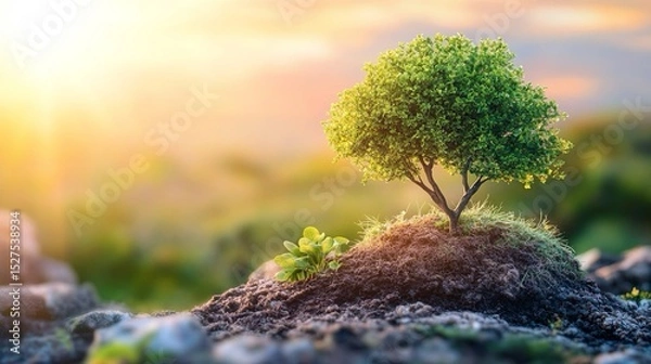Fototapeta Un piccolo albero cresce sulla sommità di una roccia, evidenziando la resilienza della natura.
