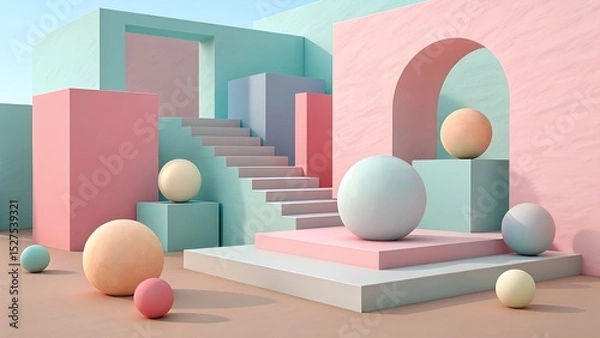 Fototapeta Abstract pastel 3D scene with spheres, stairs, and geometric shapes. Modern minimal architecture in soft pink and blue tones. Futuristic art concept.
