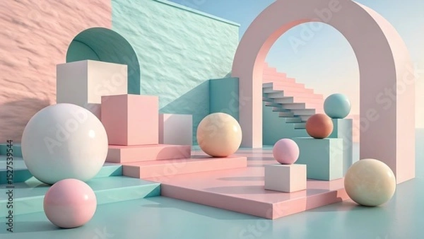 Fototapeta Surreal pastel 3D geometric shapes with stairs, arches, and spheres in abstract outdoor scene by the sea, minimal architecture concept