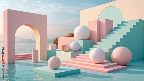 Fototapeta Surreal pastel 3D geometric shapes with stairs, arches, and spheres in abstract outdoor scene by the sea, minimal architecture concept