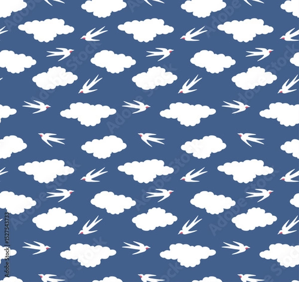 Fototapeta Japanese Cloud Flying Bird Vector Seamless Pattern