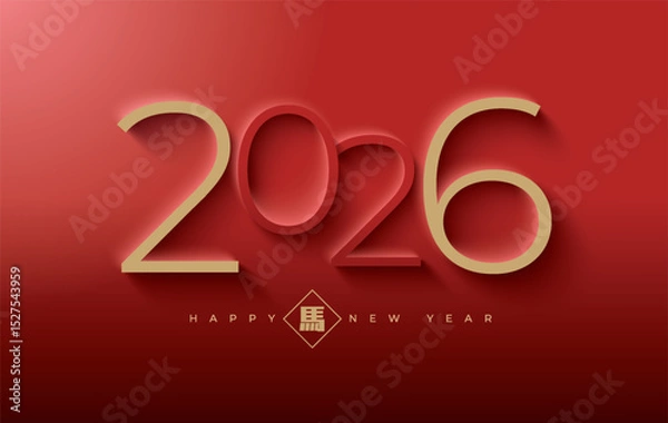 Fototapeta Chinese New Year 2026 modern art calligraphy design template for greeting card, poster, banner. Chinese zodiac Horse symbol. Chinese word mean Happy New Year and symbol of the Year of the Horse