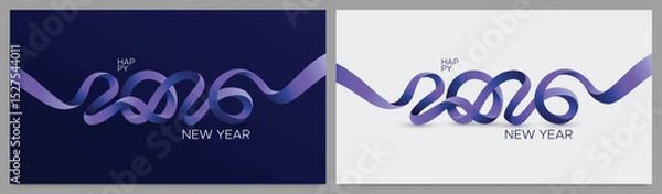 Fototapeta Stylish Happy New Year 2026 design with a flowing purple ribbon forming numbers, shown on dark and light backgrounds. Ideal for festive greetings, digital cards, and seasonal promotions.