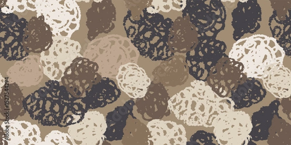 Obraz Brown grunge spiral balls background. Camouflage seamless pattern. Camo scribble hatching texture. Doodle hand strokes draws, round dirty spots. Vector wallpaper