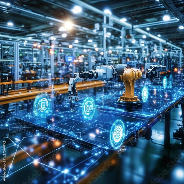 Obraz Businessmen's connections are protected through Industry 4.0 technologies that integrate advanced cybersecurity measures, operational integrity while facilitating real-time monitoring of systems.