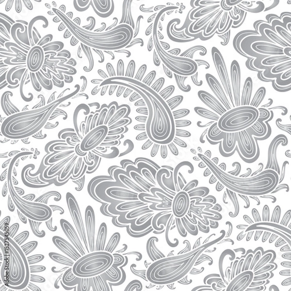 Fototapeta Hand drawn swirl ornaments, paisley pattern, grey and white colors. Seamless floral pattern-739.