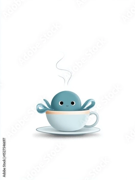 Fototapeta A small octopus hiding behind a teacup on a blank table, only two eyes peeking out, simple lines and a gentle tone, lots of white space