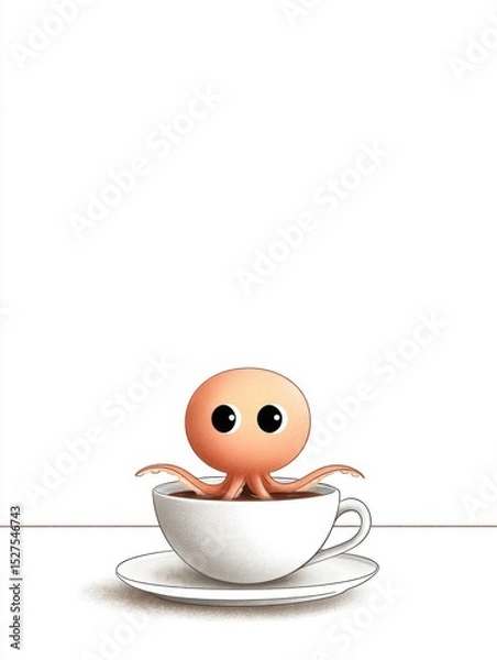 Fototapeta A small octopus hiding behind a teacup on a blank table, only two eyes peeking out, simple lines and a gentle tone, lots of white space