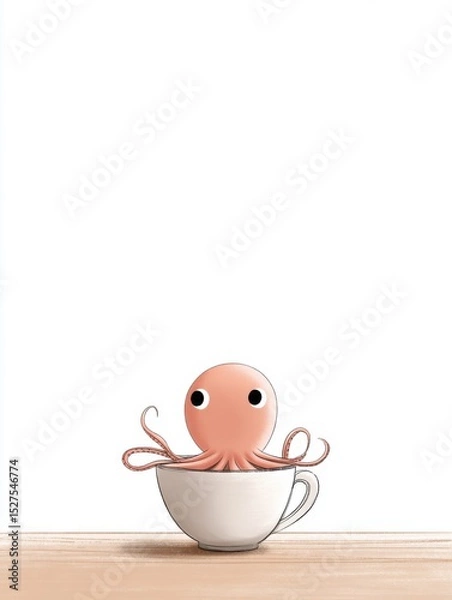 Fototapeta A small octopus hiding behind a teacup on a blank table, only two eyes peeking out, simple lines and a gentle tone, lots of white space