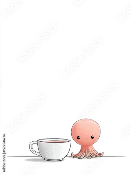 Fototapeta A small octopus hiding behind a teacup on a blank table, only two eyes peeking out, simple lines and a gentle tone, lots of white space