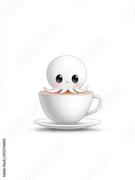 Fototapeta A small octopus hiding behind a teacup on a blank table, only two eyes peeking out, simple lines and a gentle tone, lots of white space