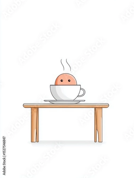 Fototapeta A small octopus hiding behind a teacup on a blank table, only two eyes peeking out, simple lines and a gentle tone, lots of white space