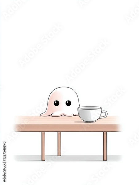 Fototapeta A small octopus hiding behind a teacup on a blank table, only two eyes peeking out, simple lines and a gentle tone, lots of white space