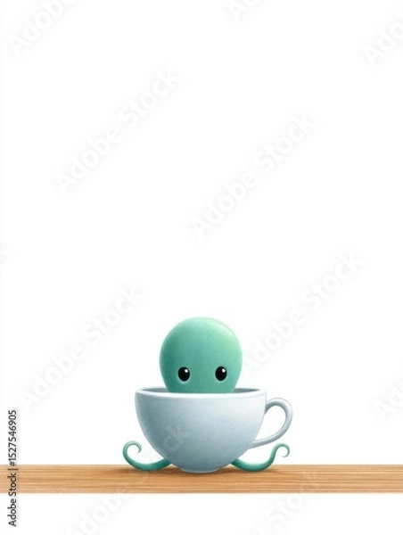 Fototapeta A small octopus hiding behind a teacup on a blank table, only two eyes peeking out, simple lines and a gentle tone, lots of white space