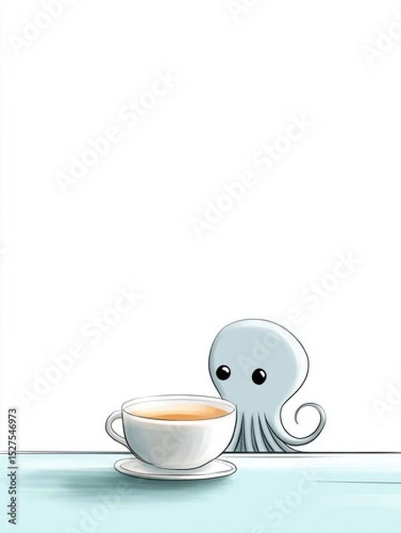 Fototapeta A small octopus hiding behind a teacup on a blank table, only two eyes peeking out, simple lines and a gentle tone, lots of white space