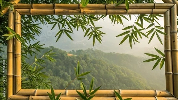 Fototapeta Bamboo frame with green leaves overlooking misty forest mountain landscape. Eco natural window view concept with tropical vibe, perfect for nature, travel, and environment themes.