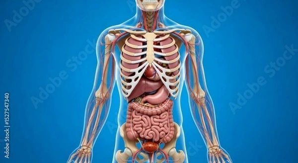 Fototapeta Detailed 3D Render of Human Torso Anatomy: Organs, Skeleton, and Vascular System
