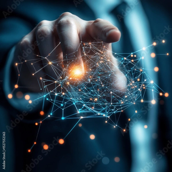 Obraz Businessman hand touches a shield, quantum computing enhances security protocols. The concept represents safeguarding data privacy, intellectual property protection, and cybersecurity infrastructure.