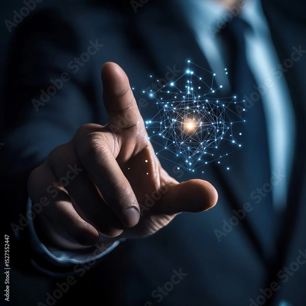 Obraz Businessman hand touches a shield, quantum computing enhances security protocols. The concept represents safeguarding data privacy, intellectual property protection, and cybersecurity infrastructure.